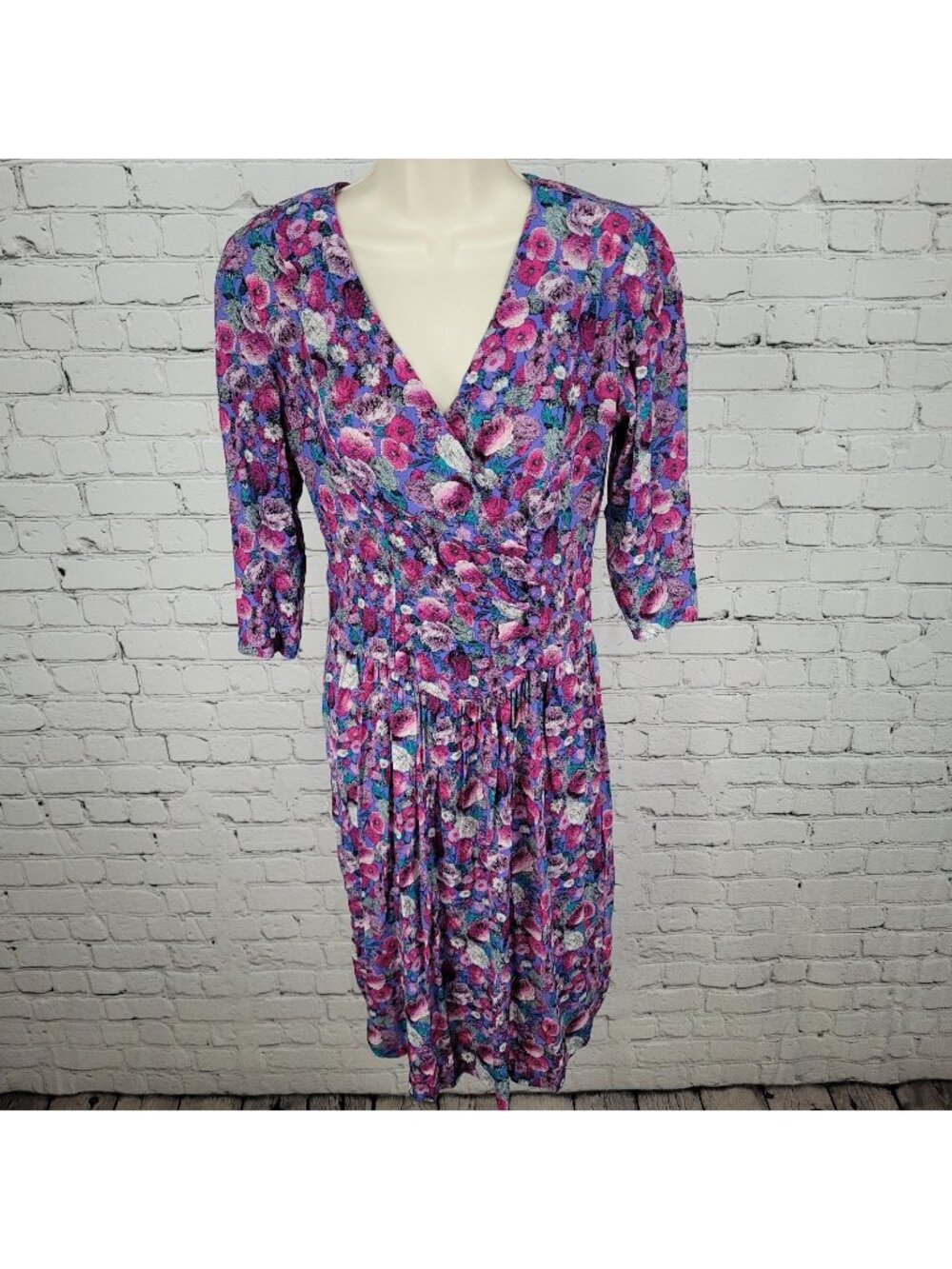VTG Belle France Purple Floral Drop Waist Ruched Midi Dress USA Made Size 8P